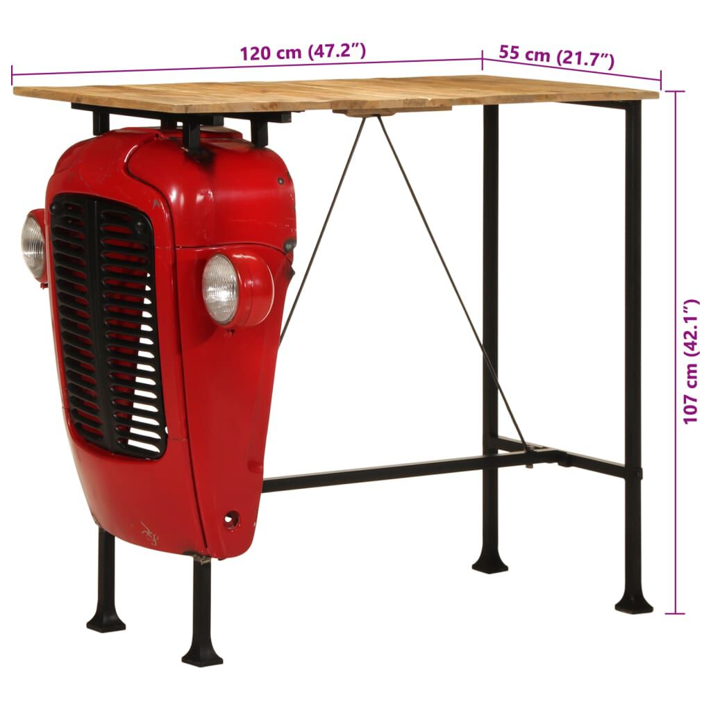 vidaXL piros és barna tömör mangófa traktor bárasztal 55x120x107 cm